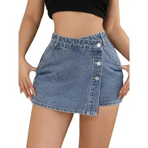Renaishow Women's Fitted High-Waisted Button-Front Denim Skort - Casual Style Comfortable Bottom with Asymmetrical Hem