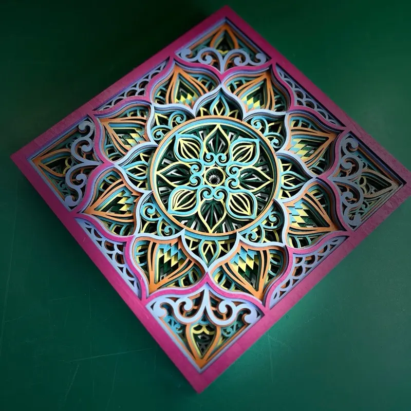 Pink 8 Layer Mandala Wall Art – 10x10 Layered Wood Laser Cut | Boho Home Décor | Handmade Geometric Wall Hanging | Vibrant 3D Art Gift