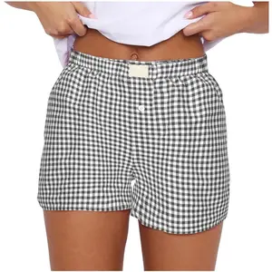 Women's Y2K Plaid Boxer Shorts Elastic Waist Loose Fit Button Front Low Waist Gingham Sleep Lounge Bottoms Lightweight Soft Breathable
