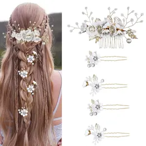 5 pieces white bridal wedding hair accessory set, pearl crystal hair comb and hairpin, suitable for wedding hair styling, bridesmaid half tie hair styling, and dinner event accessories