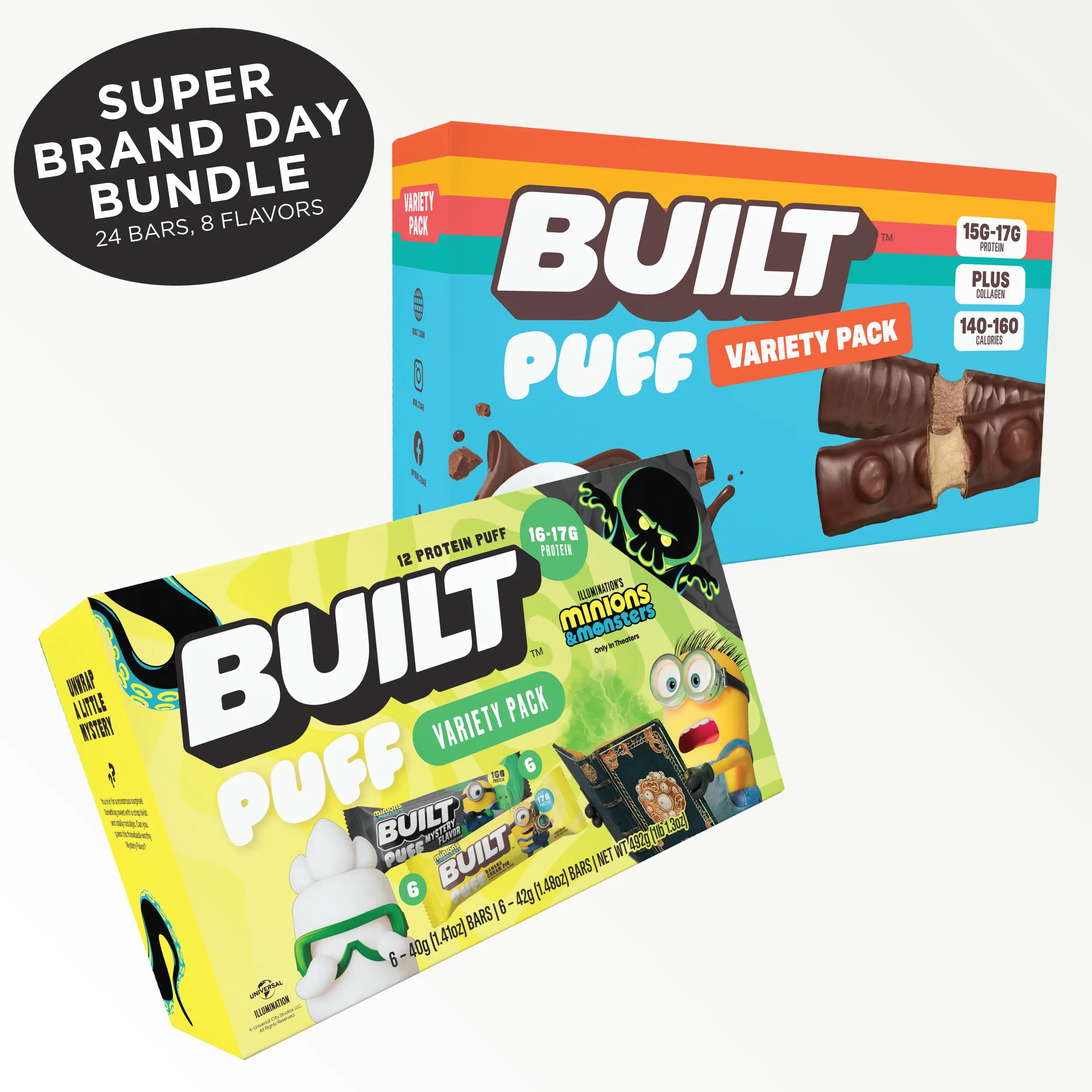 Official BUILT Bar, Minions & Monsters, Puff Protein Bar, Super Brand Day Sampler Bundle, 16g-17g Protein, 140-150 Calories, Collagen, Soft, Marshmallow-y Texture, 24 Count of Bars