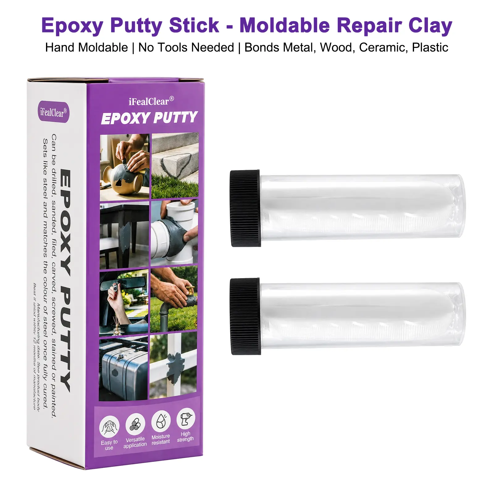 Metal Filled Epoxy Putty Stick – Kneadable Steel-Gray Adhesive for Pipe, Tool & Auto Repairs, Cures Dark Gray