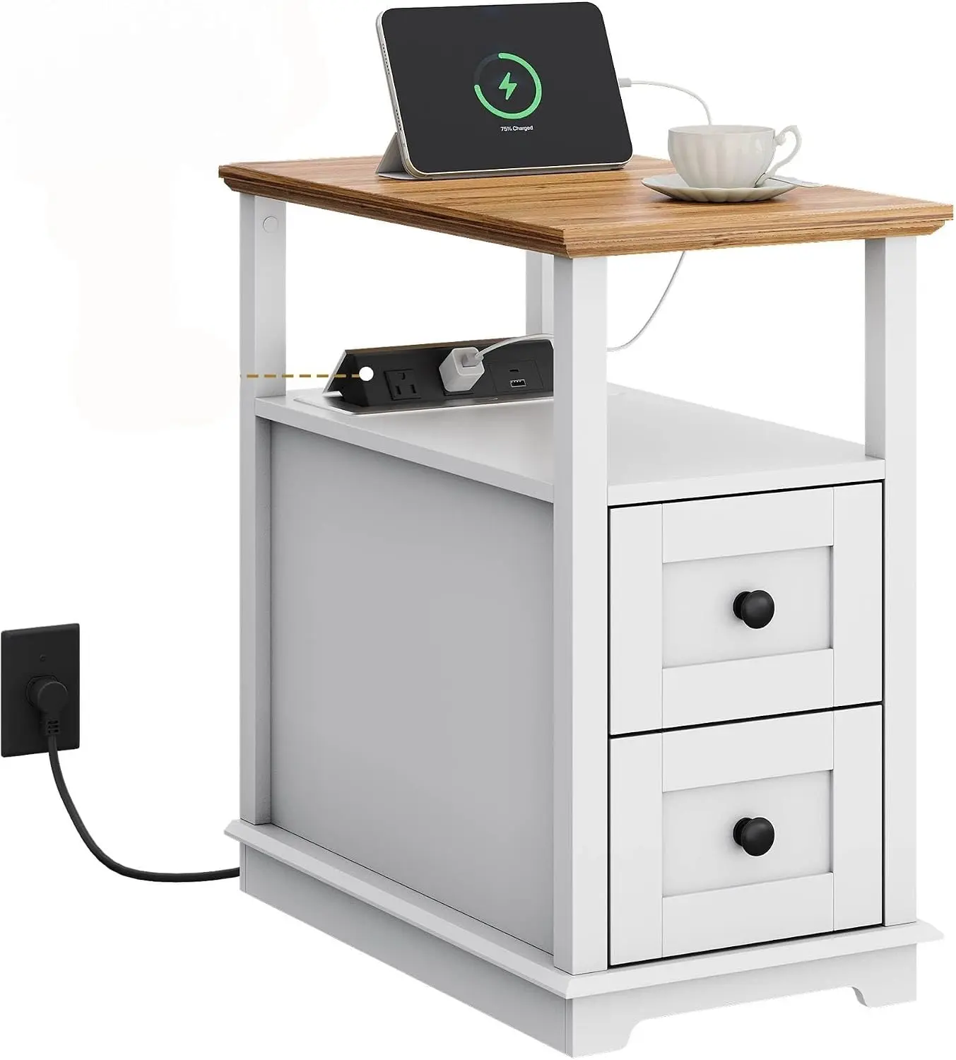 WLIVE End Table with Charging Station & 2 Drawers Narrow Nightstand White | 2 USB Ports + 2 AC Outlets; Hidden Flip-Top Charging Station; Antique Cherry Finish; 2 Drawers + Open Shelf + Cabinet Storage, Narrow Storage Cabinet, Bedroom Nightstands, Chargin