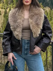 Women's Fall Winter Vintage PU Leather Jacket, Detachable Fur Collar, Double-Breasted Pockets, Street Motorcycle Style, Versatile Fashion Coat