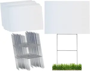 Durable Blank Corrugated White Yard Sign Kit Includes 100 Each: Large 18x24 Signs and Strong Galvanized Steel Double H 10x24 Yard Stakes - Pack of 100 18x24 Signs with Yard Stakes