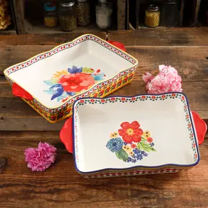 Floral Rectangular Ceramic Baking Set, 2 Pieces（Includes a 4.4 qt baker and 3.3 qt baker）