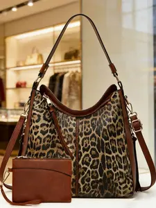 Fashion Vintage Leopard Print Large Capacity Soft Leather Tote Bag, Single Shoulder Crossbody Bag for Various Occasions and Parties