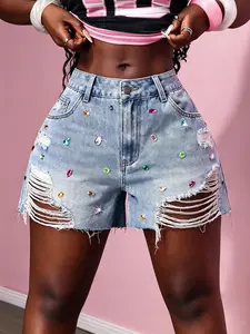 Y2K Style Acid Wash Denim Shorts, Multi-Color Rhinestone Embellishments, Large Rips, Unisex Fit, Perfect for Music Festivals & Night Out