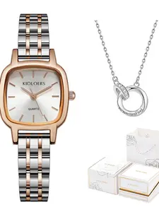 New Solid Stainless Steel Watch Gift Box, Casual Fashion Waterproof Mini Square Women's Watch, Quartz Silver Color and Rose Gold Case