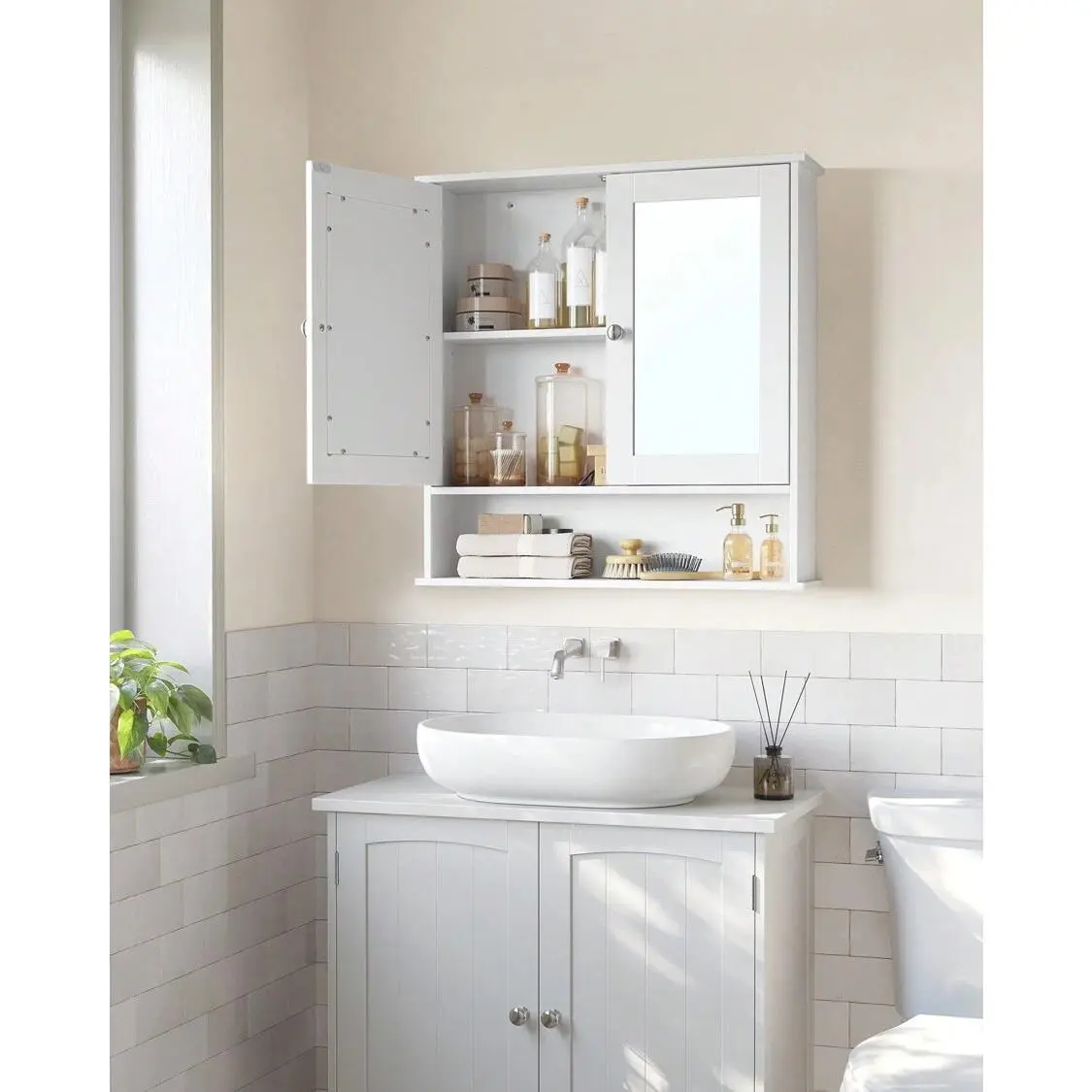 Wood Wall-Mounted Bathroom Mirror Cabinet - Wall Hanging Vertical Furniture, 2 Mirrored Doors, Adjustable Shelf, Open Compartment, Handle, 5.9x25.6x29.5 in, Space-Saving Storage, All Components Included, Requires Assembly