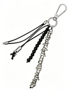 1PC Men's Punk Style Metal & Black Beaded Key Chain, Irregular Silver Spiked Key Ring with Tassel, Hip Hop Streetwear Bag Charm, Anti-Lost Key Holder for Car Keys & Backpacks