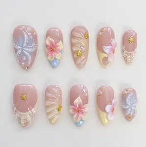 S61 Katy Nails Pastel Starfish Beach Press-On Nails, 3D Pink & Yellow Florals, Shell & Ribbon Details, Nude Base with Pearl Accents, Soft Summer Look, Gift for Her