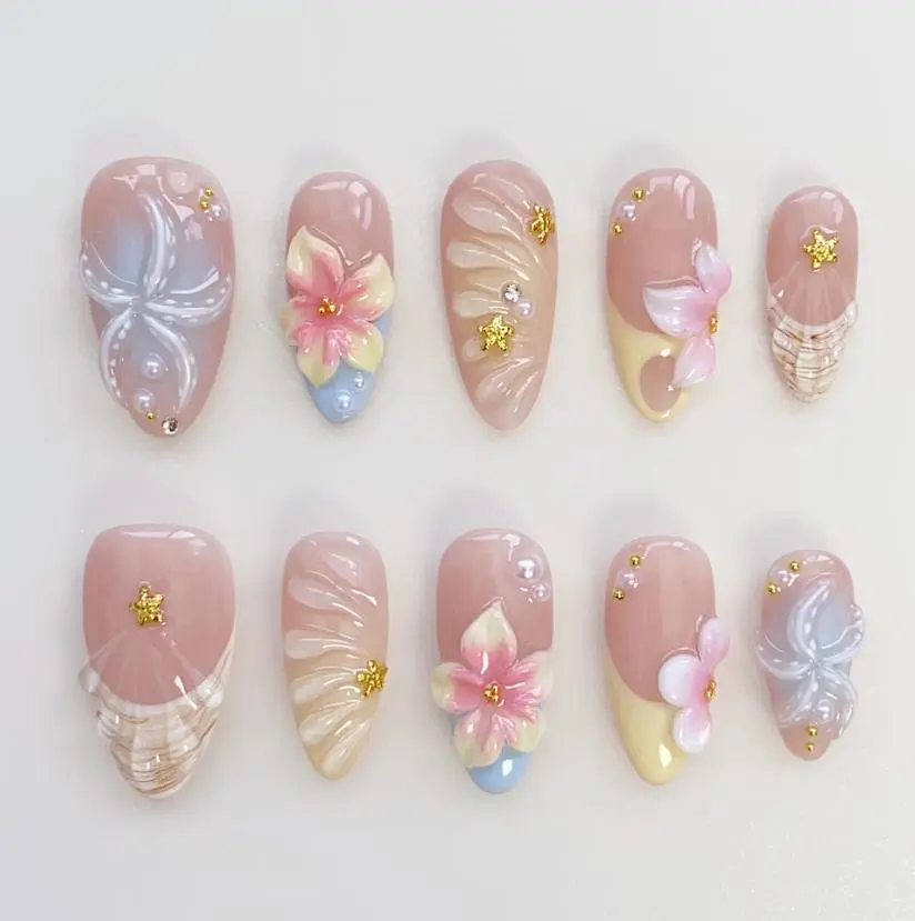 S61 Katy Nails Pastel Starfish Beach Press-On Nails, 3D Pink & Yellow Florals, Shell & Ribbon Details, Nude Base with Pearl Accents, Soft Summer Look, Gift for Her