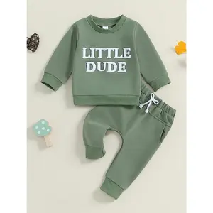 [2pcs Toddler Boy Set] 2pcs Toddler Boy Outfits Set |     Letter Embroidered Long Sleeve Round Neck Sweatshirt & Drawstring Pockets Long Pants |     Perfect Outdoor