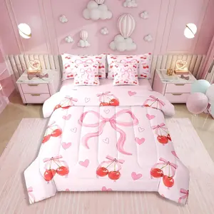 Cherry Bow Bed in a Bag,Yummy Fruit 7 Piece Bedding Set,Oil Art Fruit Bow Bed Set,Includes Comforter,Sheet Set,Pillowcases & Pillow Covers