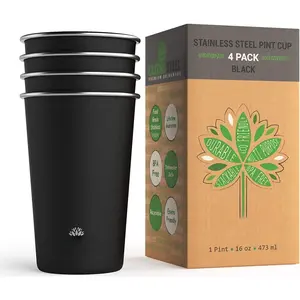 Stainless  Cups - 16 oz Pint Tumbler (4 Pack) -  Metal Drinking Glasses | Stackable Durable Cup (16 oz Black)