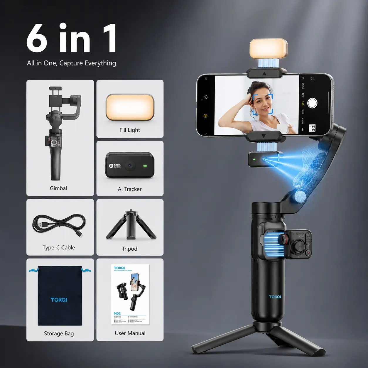 Back To school TOKQI M02  Gimbal Stabilizer for AndroidiPhone 3-Axis with Fill Light/360° Al Tracking Sensor foriPhone17 16 15 14 13 ProMax Samsun S25U 24U 23 22Zf7 Zf6 Zf5 Handheld Phone Gimbal for Video Recordinglive stream Vlog