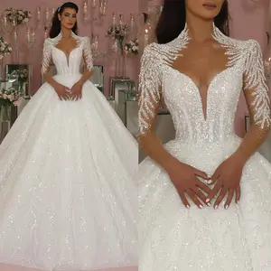 Luxury Wedding Dresses Ball Gown V-Neck Sequins Long Sleeve Floor-Length Princess Bride Dress Vestido de novia Custom Made