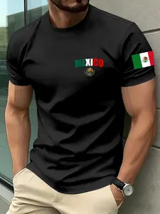 Men's Mexican Flag Print Short Sleeve Round Neck T-Shirt, Comfortable Loose Fit Casual Wear, Lightweight Breathable Fabric, Summer Ideal Choice