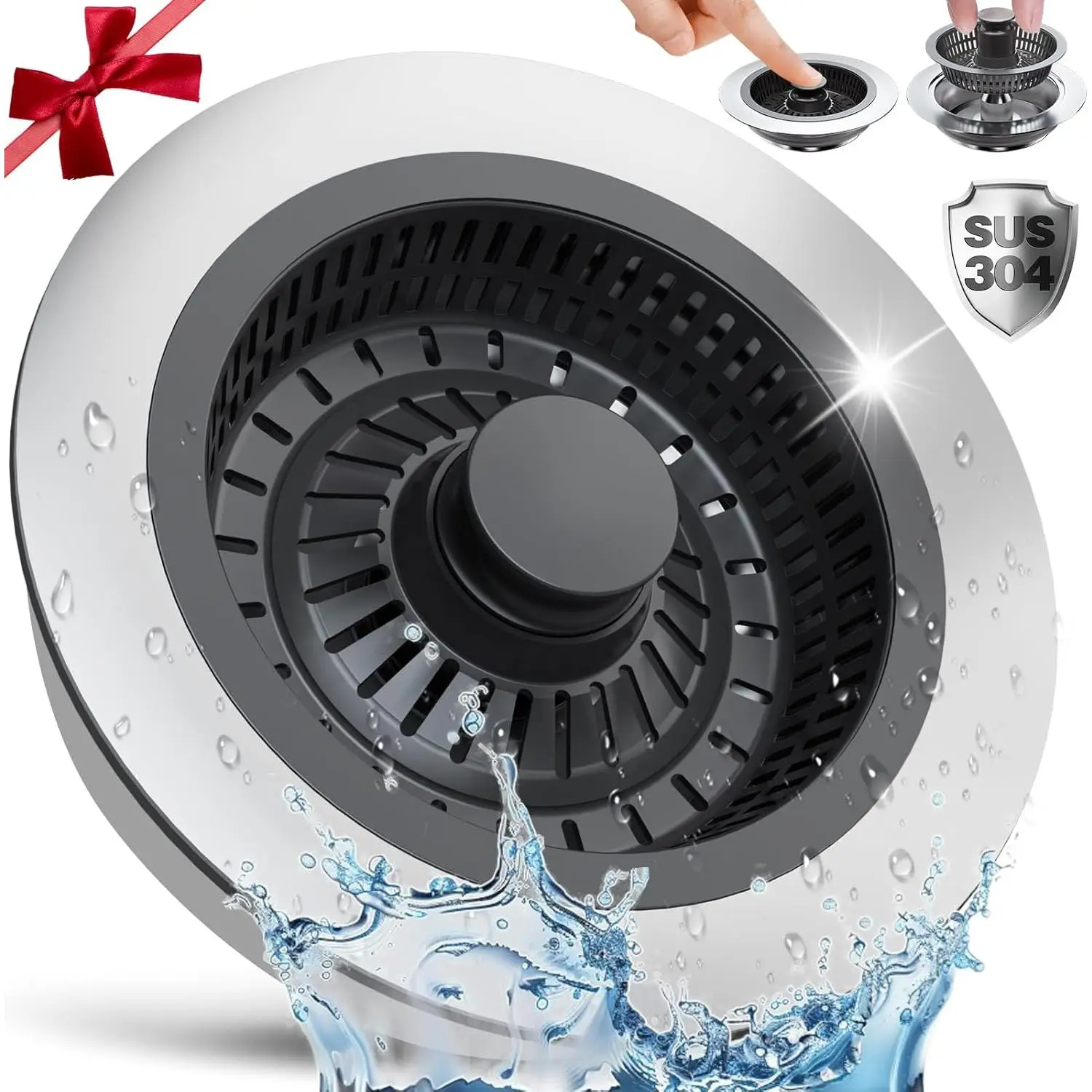 Upgraded 3in1 Kitchen Sink Drain Strainer & Sink Stopper,304 Stainless Steel Metal Sink Drain Stopper with Anti-Clogging Wider Strainer Basket,Kitchen