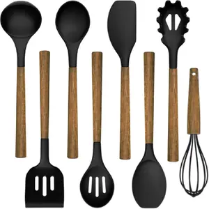 Silicone Cooking Utensil Set,  8-Piece Kitchen Utensils Set with Natural Acacia Wooden Handles,Food-Grade-Silicone Kitchen Gadgets Spatulas Set for Nonstick Cookware- Black