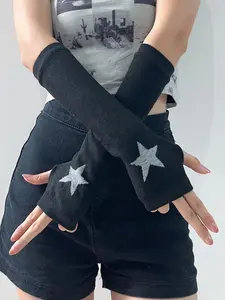Women's Colorblock Star & Heart Print Arm Sleeves, 1 Pair Fashion Cute Fingerless Patchwork Knit Gloves for Daily Outdoor Wear, Casual Breathable Comfortable Elastic Arm Sleeves