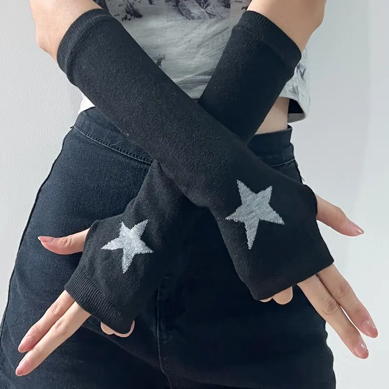Women's Colorblock Star & Heart Print Arm Sleeves, 1 Pair Fashion Cute Fingerless Patchwork Knit Gloves for Daily Outdoor Wear, Casual Breathable Comfortable Elastic Arm Sleeves