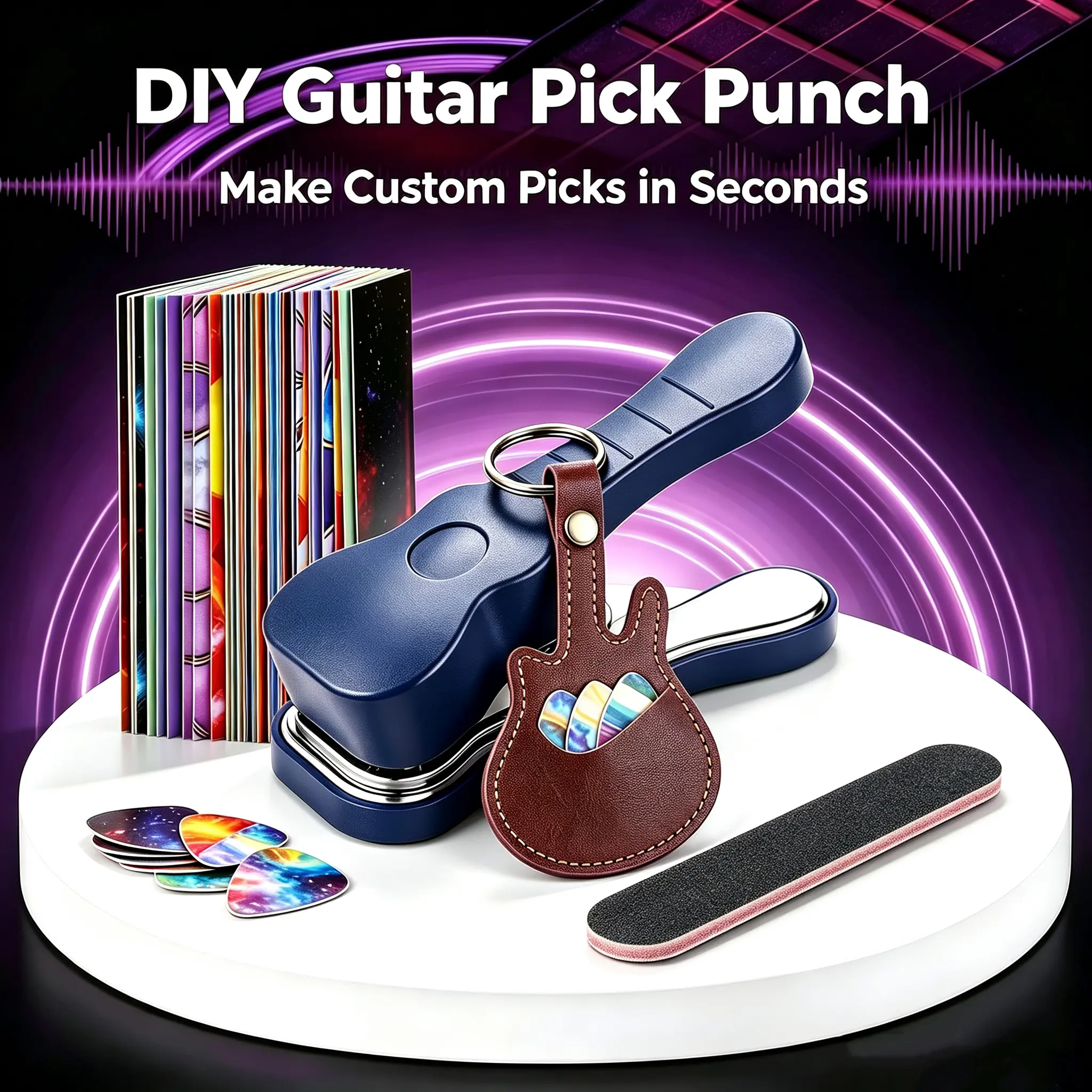 DIY Guitar Pick Maker Mega Kit with Guitar Pick Making Tool - Blue | Custom Pick Maker for Musicians, Leather Key Chain Holder, 15 Pick Strips with Artwork (Assorted Colors) & File, Unique Gifts for Men & Women