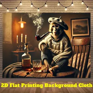 2D Flat, 1pc Vintage Smoking Monkey Banner - Sophisticated Retro Decor with Pipes & Bottles, Durable Polyester Fabric Backdrop for Halloween, Christmas Parties, Photo Booth, Bar Decorations - No Electricity Needed Indoor/Outdoor Decoration, Party
