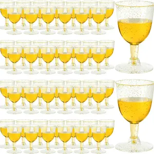 50-Pack 150ML Glitter Gold Sturdy Shatterproof Reusable Plastic Wine Glasses, Disposable Plastic Glasses Alternative Champagne Flutes Drinkware Set, Bulk for Outdoor Parties, Weddings, Party Wine Glasses