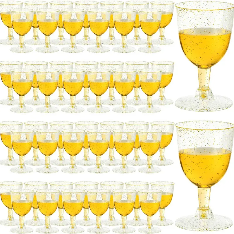50-Pack 150ML Glitter Gold Sturdy Shatterproof Reusable Plastic Wine Glasses, Disposable Plastic Glasses Alternative Champagne Flutes Drinkware Set, Bulk for Outdoor Parties, Weddings, Party Wine Glasses