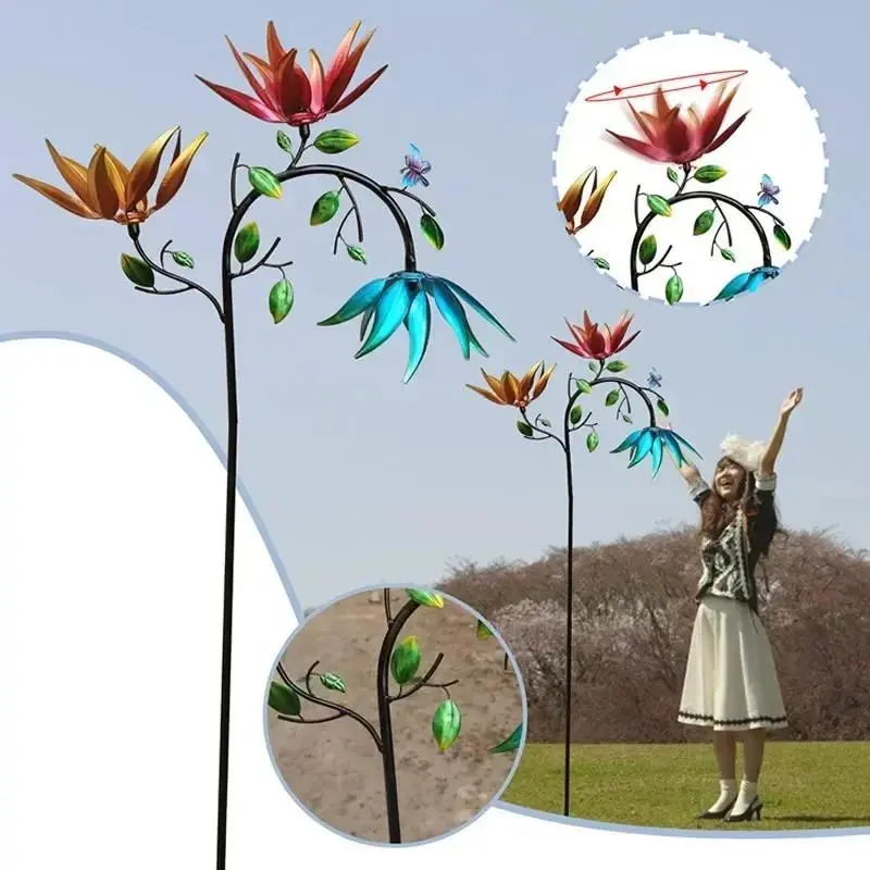 Large Metal Wind Spinner with Three Spinning Flowers, Butterflies Windmill, Wind Sculpture, Outdoor Garden and Yard Art Decor