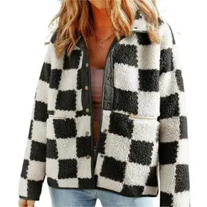 Women Fuzzy Plaid Coat Vintage Button-up Lapel Neck Long Sleeve Winter Warm Thicken Jacket Outerwear
