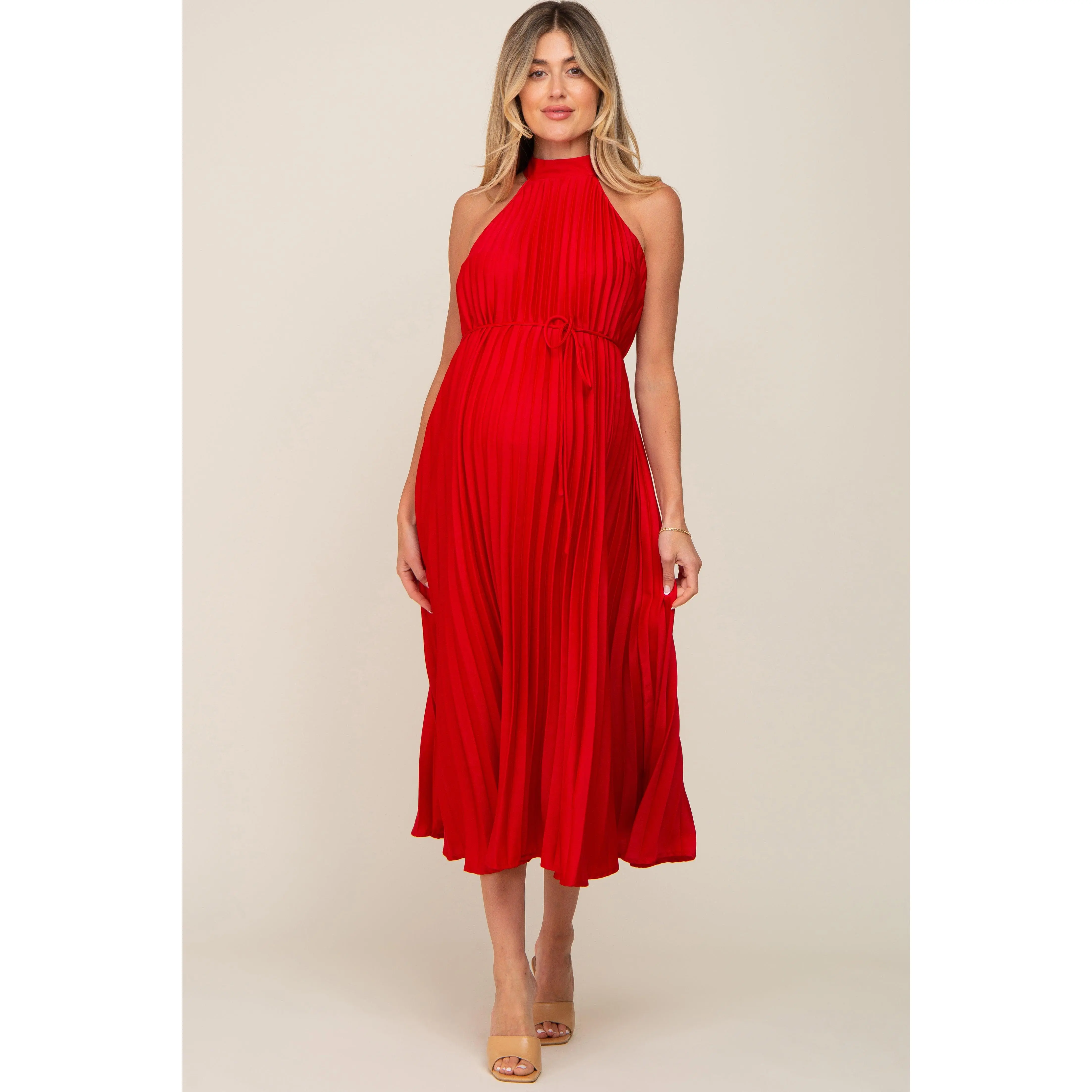 Red Pleated Maternity Halter Dress
