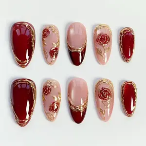 Burgundy Nails - Sparkle Press on nails long almond nails - Dark Red Cat Eye Nails - Red Rose Nails/3D Gold Chrome Nails - Bling Nails - Custom Nails