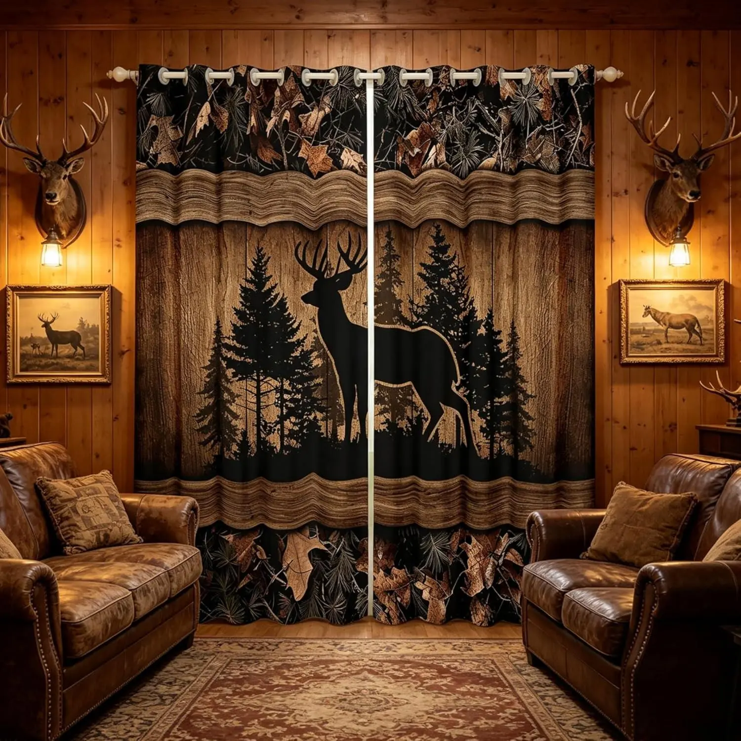 Farmhouse Deer Blackout Curtains Bedroom Living Room Camo Woodland Hunting Window Curtains 2 Panels Rustic Cabin Drapes,Wildlife Animal Print Window Treatments