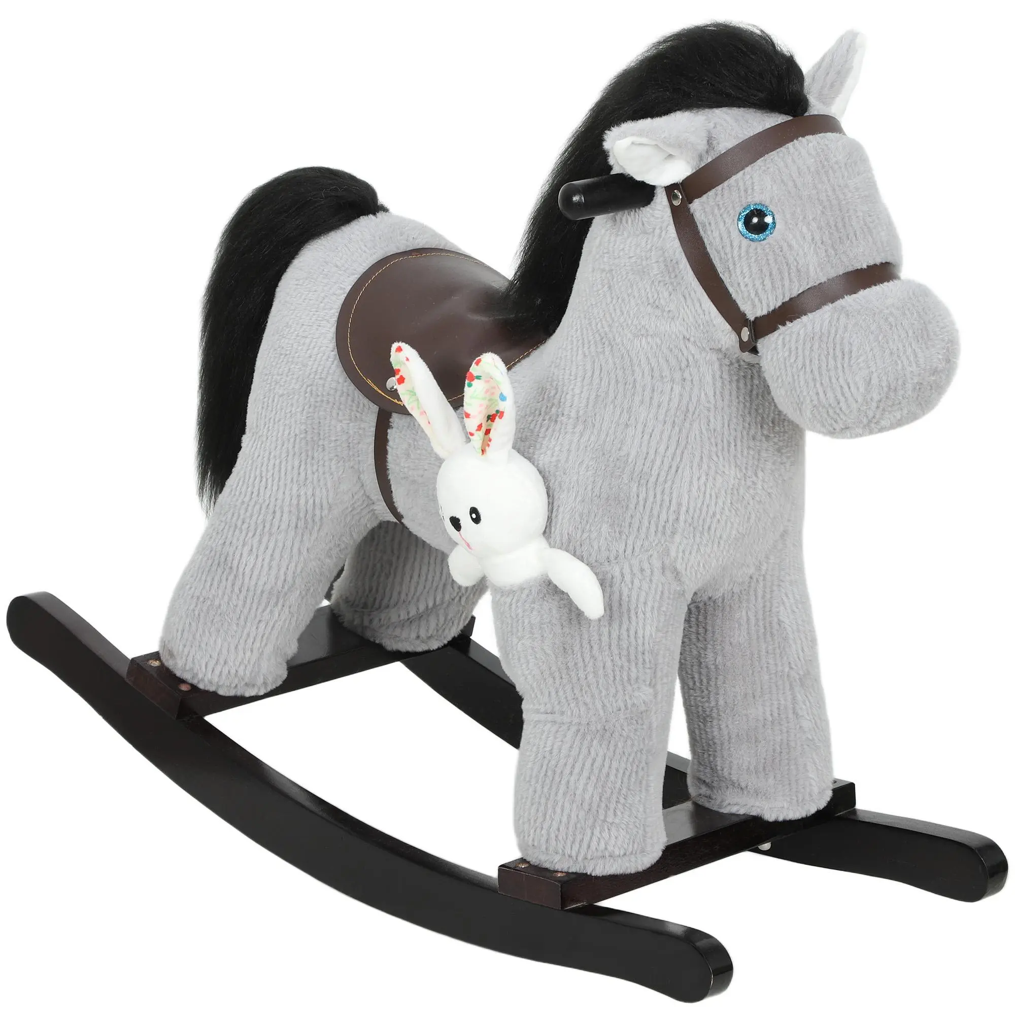 Qaba Rocking Horse, Kids Plush Animal Rocker with Realistic Neighing Sound for Toddlers 2–5 Years Old, Soft Filling Ride on Horse with Rabbit Toy, Gray