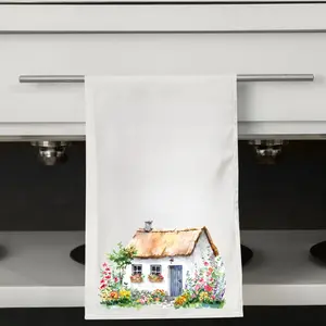 Cottagecore House Tea Towel – Floral Farmhouse Kitchen Towel – Country Cottage Decor – Watercolor Flour Sack Towel – Cozy Gift for Her