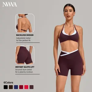 NVWA Women 2 Piece Workout Sets for Summer Color Block Layered Cropped Tank Top Crossover High Waist Biker Shorts Butt Lifting Shorts Gym Yoga Active Wear Outfits