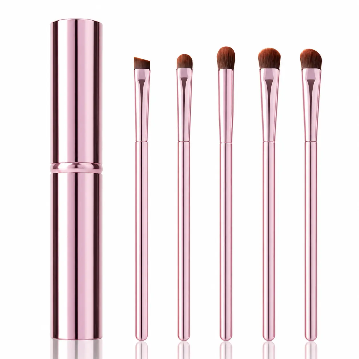 5Pcs Makeup Brushes Set, Portable Eyeshadow-Eyeliner-Angle-Concealer-Slanted Eyebrow Brushes with Pink Travel Case, Travel Makeup Artist-Recommended for Beginners