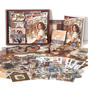 147Pcs Vintage Coffee Junk Journal Kit with A6 Notebook - Aesthetic Ephemera, Washi Tapes & Scrapbook Supplies Box Set for Planners