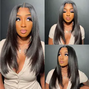 18" Natural Black BoB Layered Straight Synthetic Wig 13x4 Lace Front Pre Plucked Natural Hairline Heat Resistant Glueless Daily Wig for Women