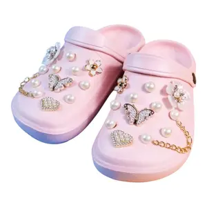 Women's Summer DIY Clogs, Bear Pearl Decor Beach Slides, Cave Hole Garden Casual Flats for Females
