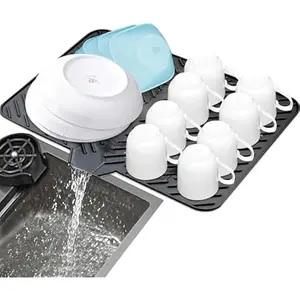 Silicone Dish Drying Mat with Built-in Drain Lip - Hygienic Drying Pad - Sturdy Compact Easy to Clean Tray Protects Surfaces Prevents Water Build Up