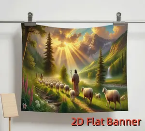 1PC,2D Flat Christian Theme Jesus Shepherding Backdrop, Festival Event Decoration Cloth, Photography Shooting Background Curtain, Religious Scene Layout Hanging Cloth, Mountain Forest Sunshine Sheep Fl