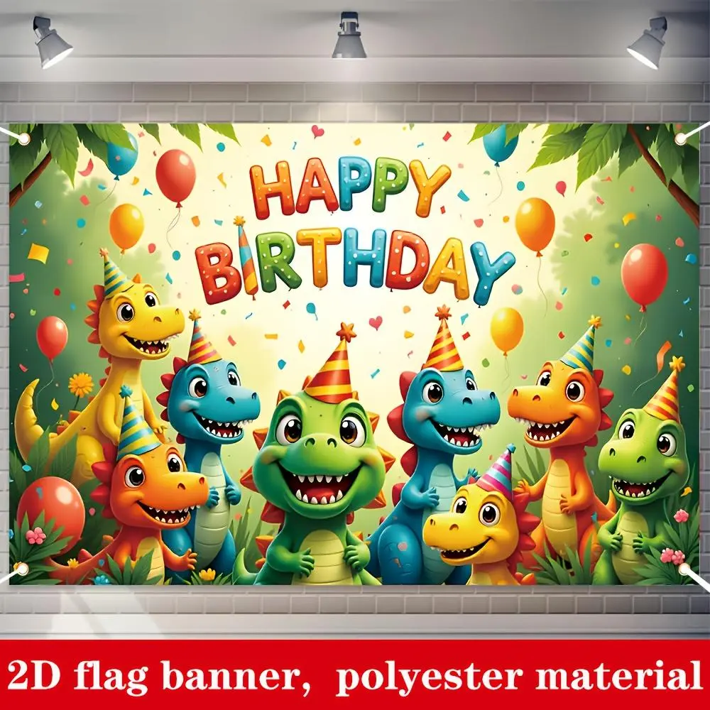 Polyester Reusable Dinosaur Theme Birthday Backdrop - 1-Piece Flat Banner, 2D Cartoon Balloon Forest Photo Background, Kids Party Decoration Supplies, Durable Home Festive Accessory,summerwins