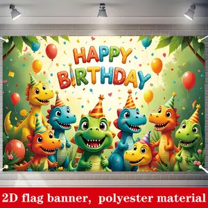 1PC,2D Flat Cartoon Dinosaur Theme Birthday Backdrop, Kids Party Decoration Banner, Cute Dinosaur Balloon Forest Scene, Baby First Birthday Decoration Photo Background, Polyester Material, Durable fo