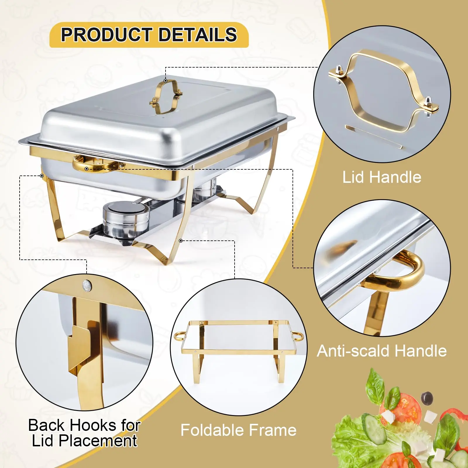 【Garvee】Rectangular Stainless Steel Chafing Dish Set – 8QT – Set of 2, Lids, Pans & Fuel Holders, Buffet Food Warmers – for Catering, Parties, Weddings, Banquets, Events – Silver & Gold