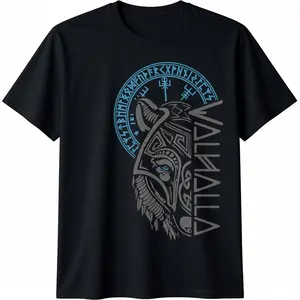 graphic tees Valhalla Wolf Mask Odin Runes Norse Compass Viking T-Shirt