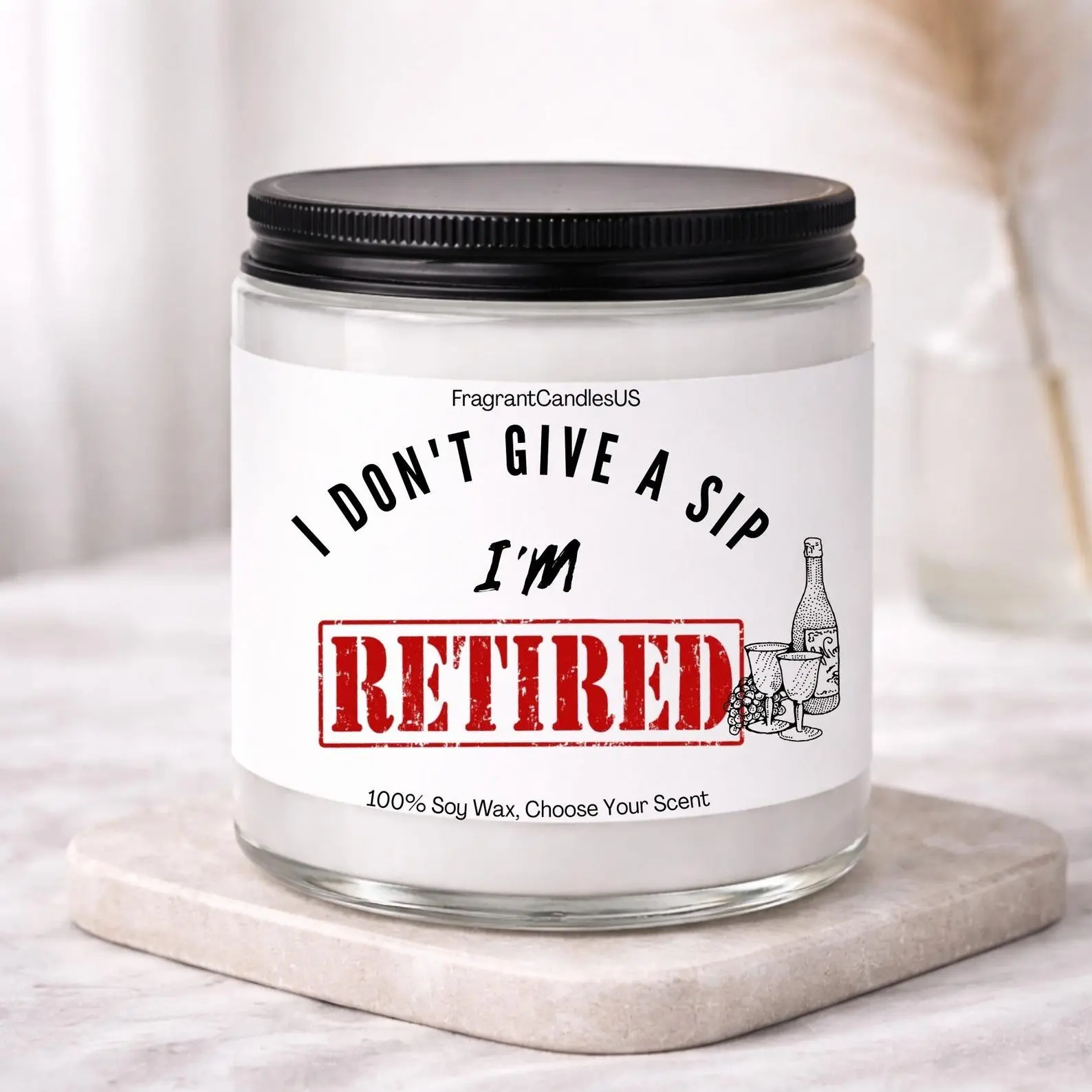 FragrantCandlesUS Retirement-Themed Glass Decorative Candle - Hand-Poured Wax, Coconut Scent, Vanilla Aroma, Cotton Wick, Smokeless, Home Decoration Gift for Retirees, Mother